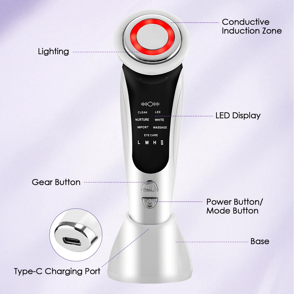 EMS Facial Massager Face Beauty Instrument with Induced Vibration and Hot Compress Face Skin Care Tool LED Light Therapy