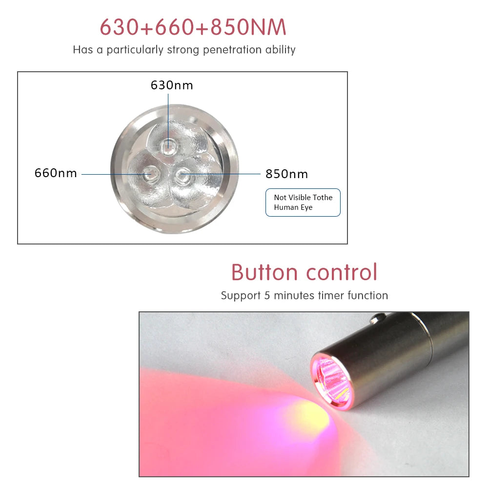 Portable Handheld Infrared LED Red Light Therapy Pen 3 Wavelength Light Torch 630nm 660nm 850nm
