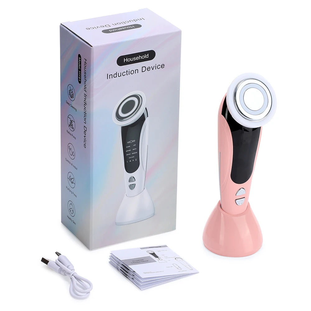 EMS Facial Massager Face Beauty Instrument with Induced Vibration and Hot Compress Face Skin Care Tool LED Light Therapy